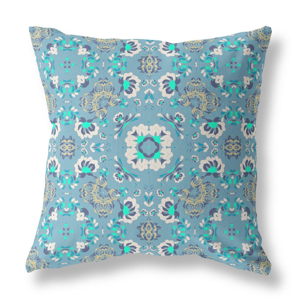 16" X 16" Light Blue Broadcloth Floral Throw Pillow. Picture 1