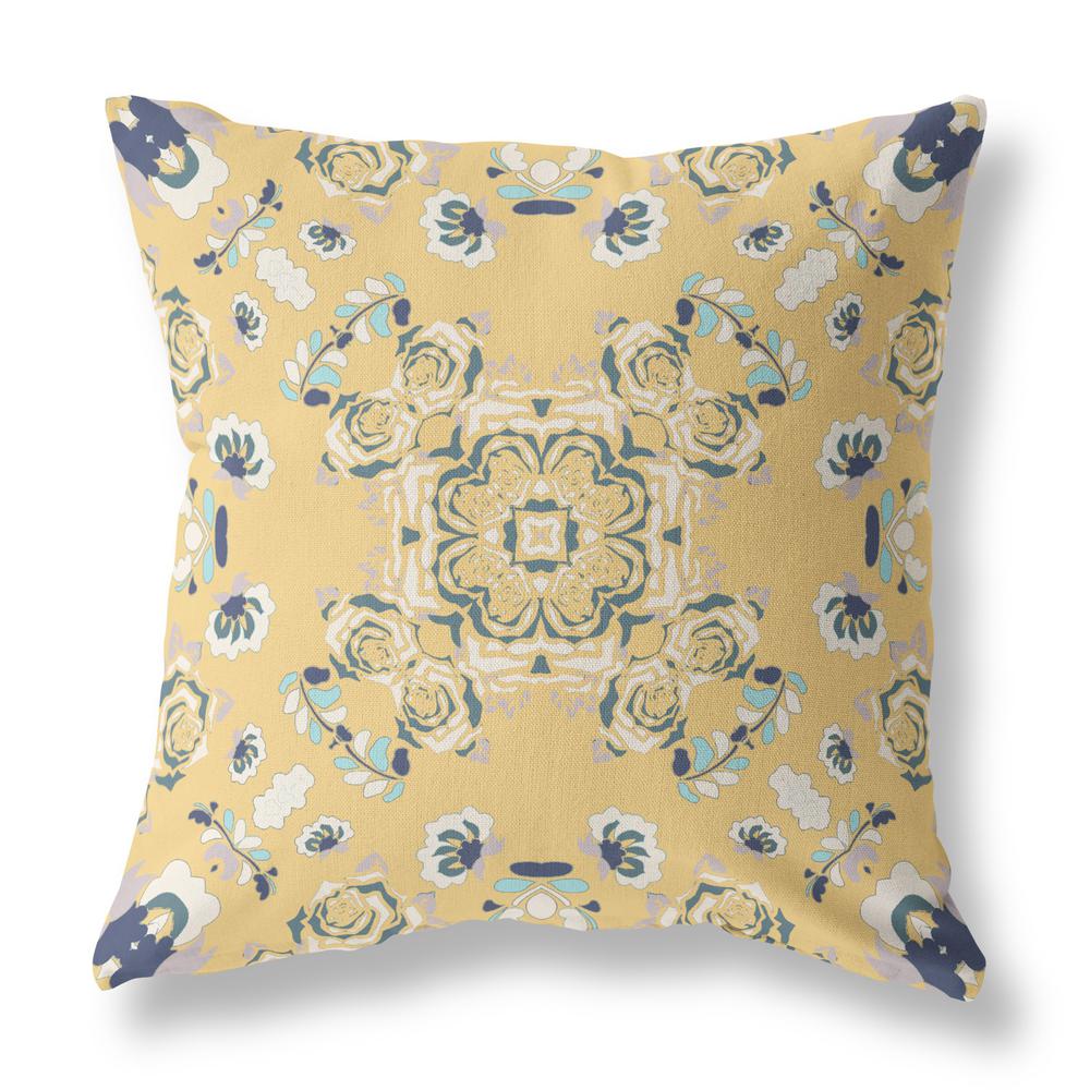 16" X 16" Yellow And Blue Broadcloth Floral Throw Pillow. Picture 1