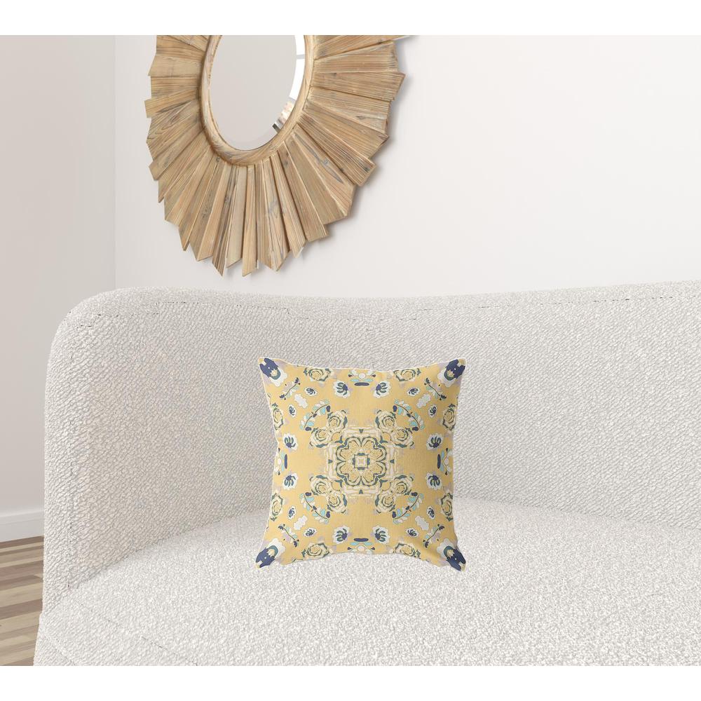 16" X 16" Yellow And Blue Broadcloth Floral Throw Pillow. Picture 3