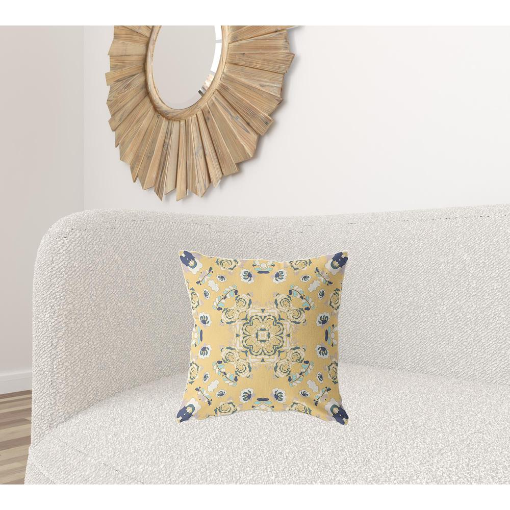 18" X 18" Yellow And Blue Broadcloth Floral Throw Pillow. Picture 3