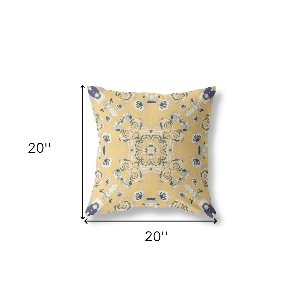 20" X 20" Yellow And Blue Broadcloth Floral Throw Pillow. Picture 7
