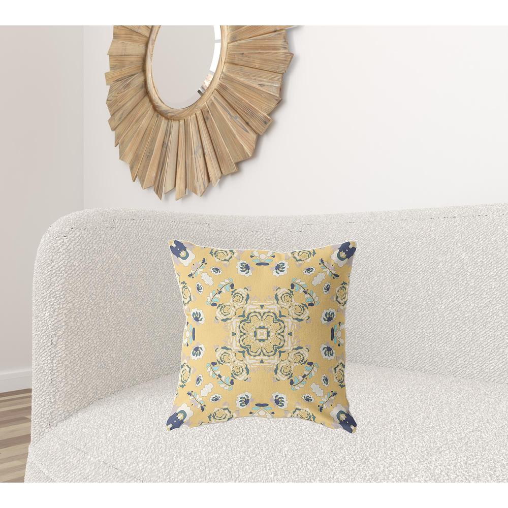 20" X 20" Yellow And Blue Broadcloth Floral Throw Pillow. Picture 3