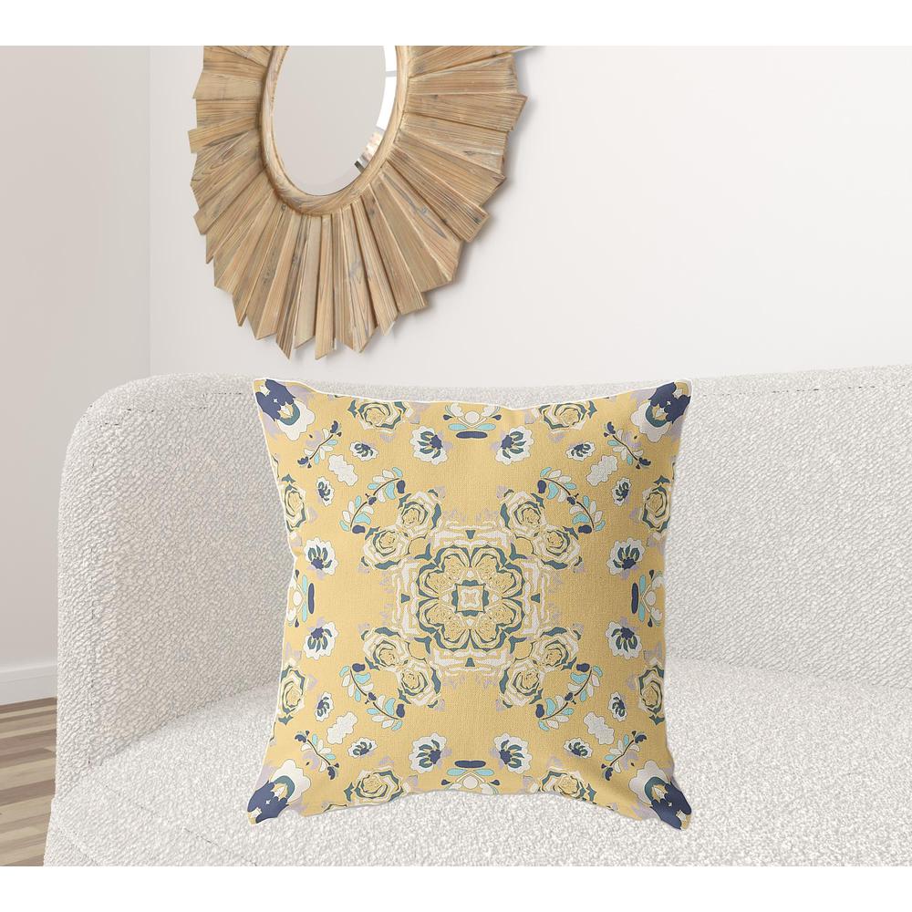 26" X 26" Yellow And Blue Broadcloth Floral Throw Pillow. Picture 3