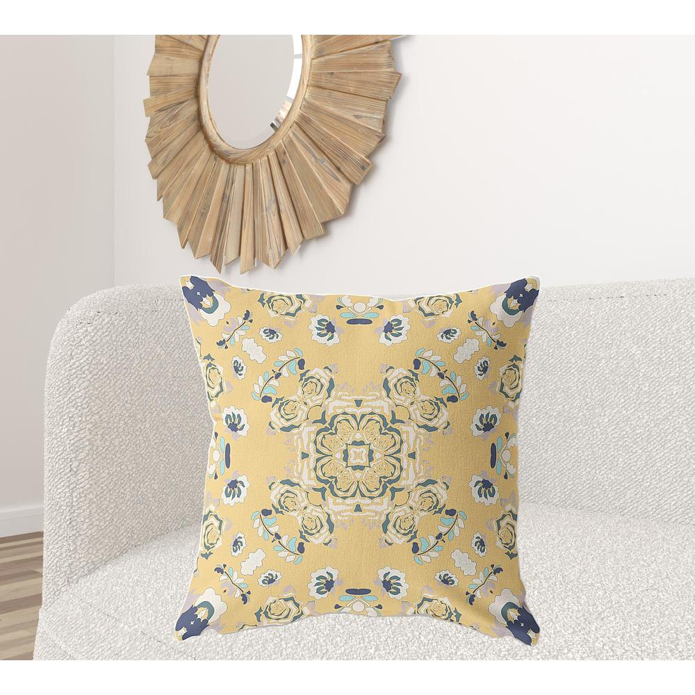 28" X 28" Yellow And Blue Broadcloth Floral Throw Pillow. Picture 3