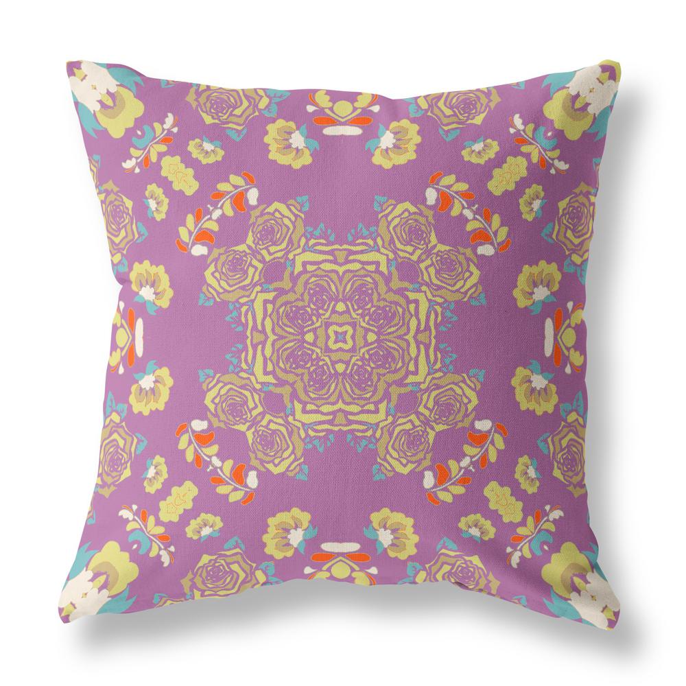 16" X 16" Purple And Yellow Broadcloth Floral Throw Pillow. Picture 1
