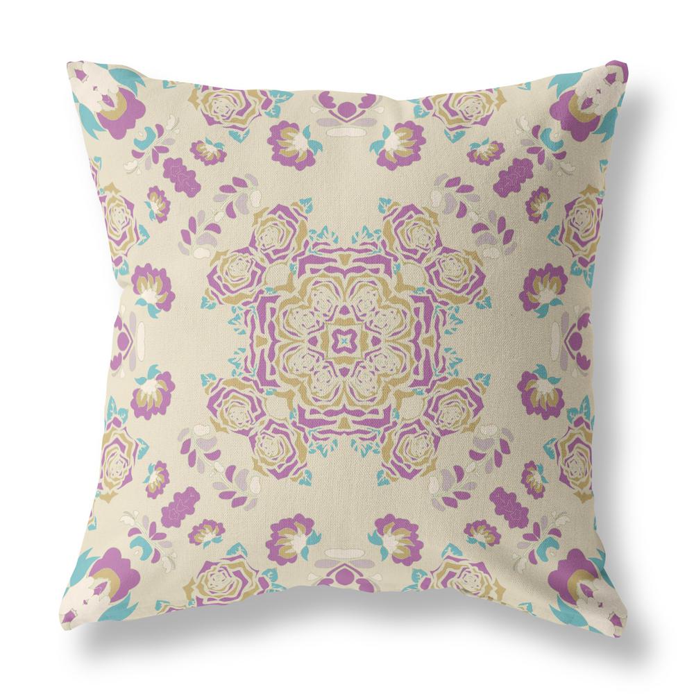 16" X 16" Off White And Purple Broadcloth Floral Throw Pillow. Picture 1