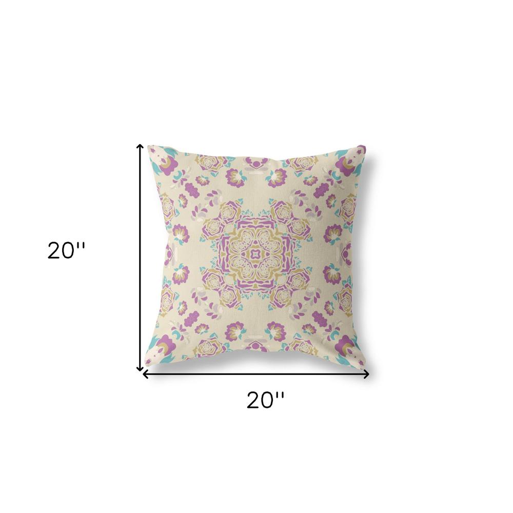 20" X 20" Off White And Purple Broadcloth Floral Throw Pillow. Picture 6