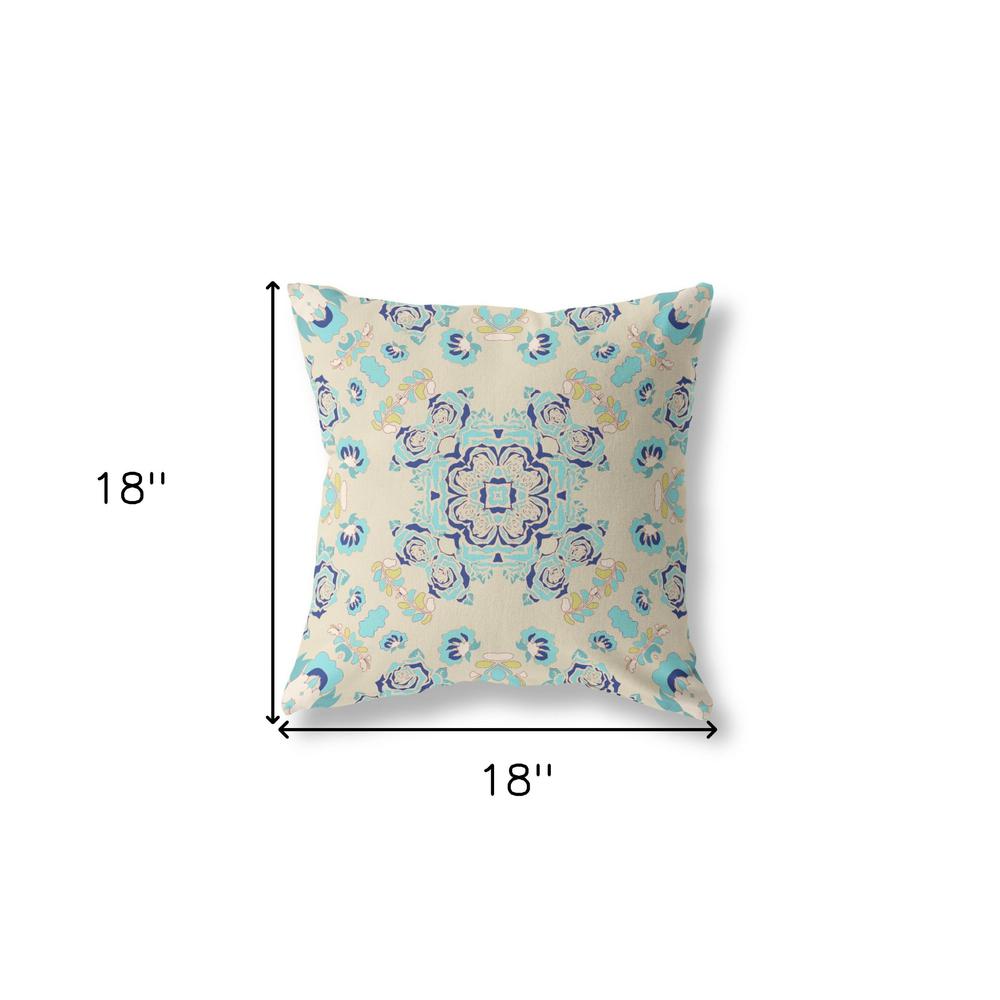18" X 18" Off White And Light Blue Broadcloth Floral Throw Pillow. Picture 6