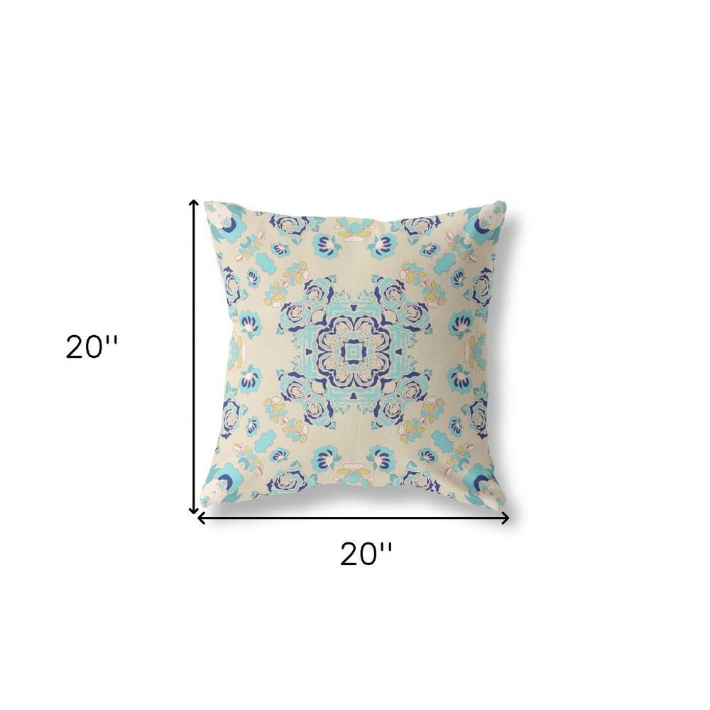 20" X 20" Off White And Light Blue Broadcloth Floral Throw Pillow. Picture 6