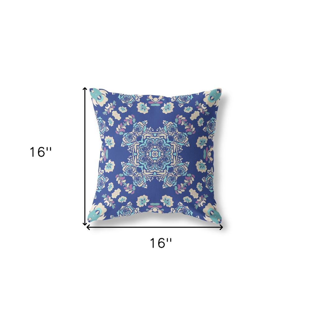 16" X 16" Blue And Off White Broadcloth Floral Throw Pillow. Picture 6