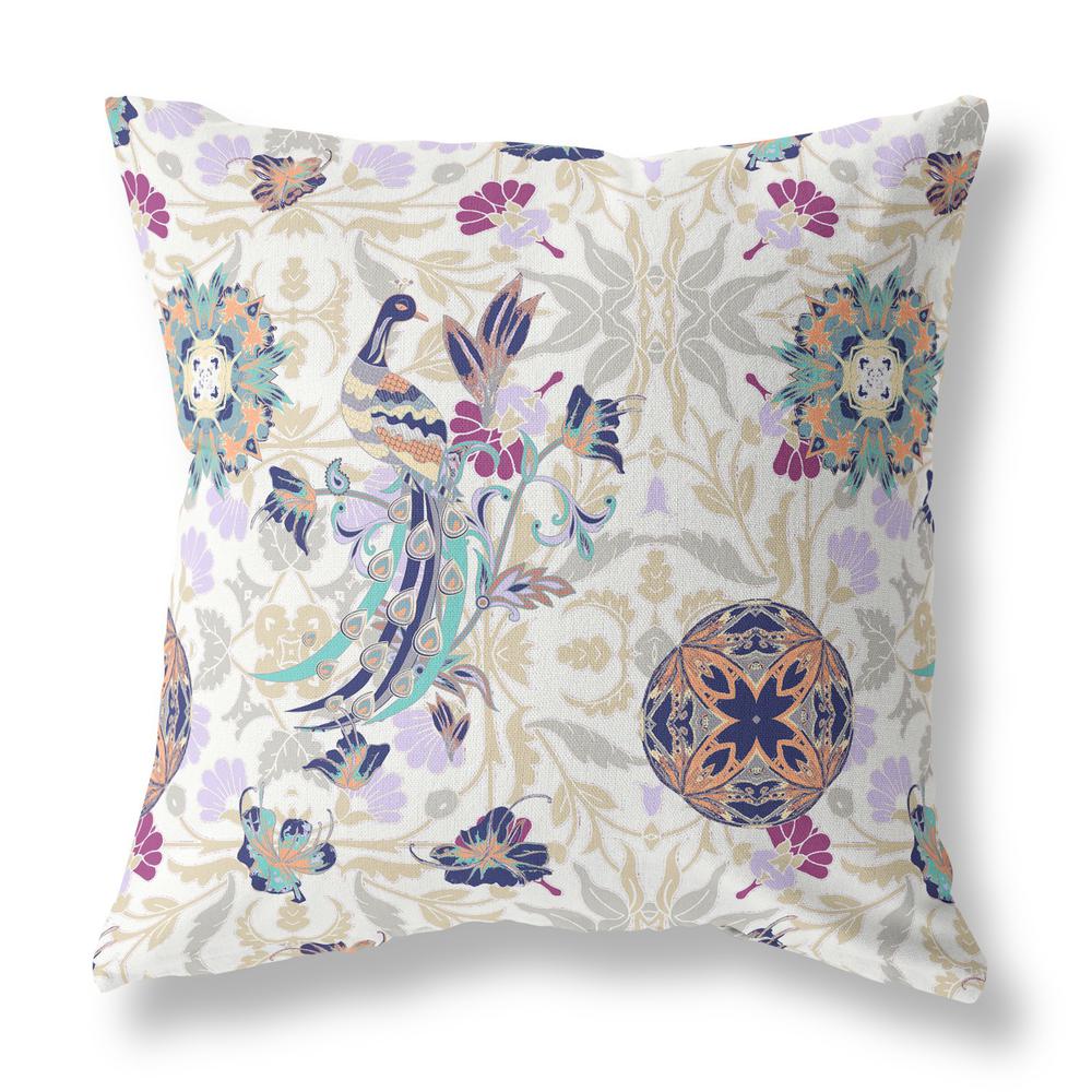 20" X 20" White And Purple Broadcloth Floral Throw Pillow. Picture 1