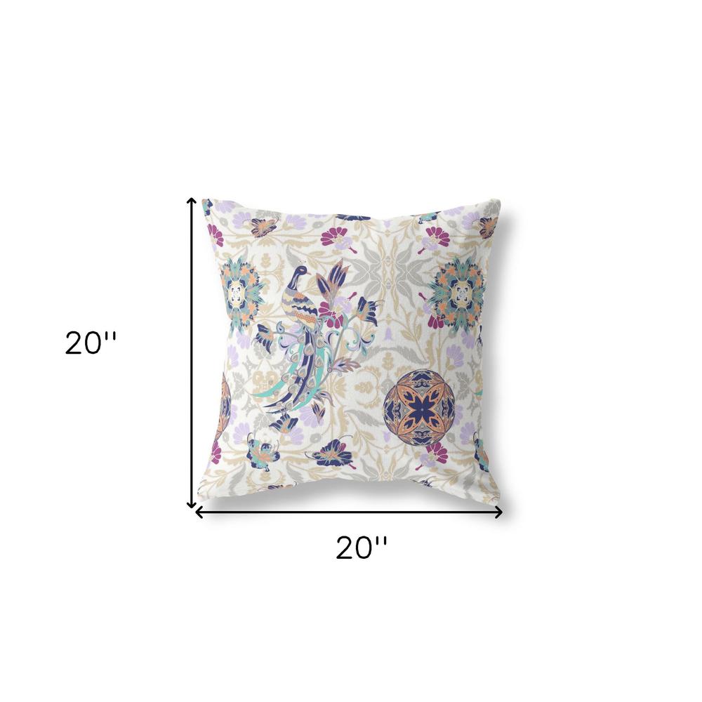 20" X 20" White And Purple Broadcloth Floral Throw Pillow. Picture 6