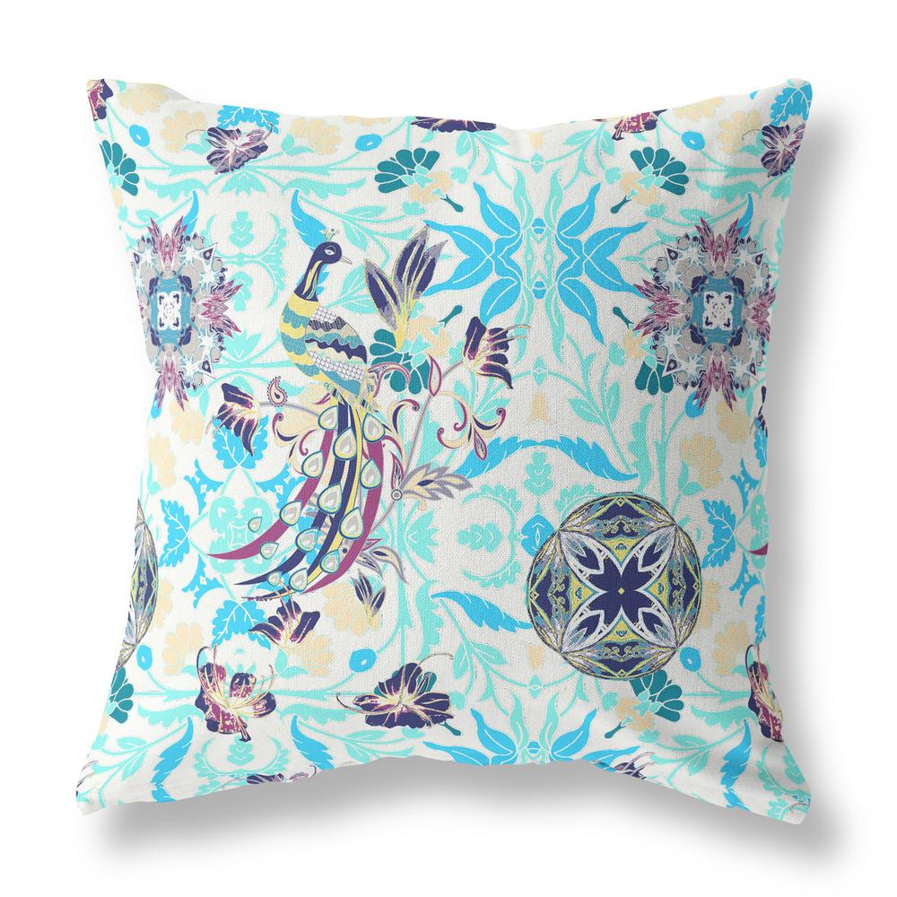 16" X 16" White And Blue Broadcloth Floral Throw Pillow. Picture 1