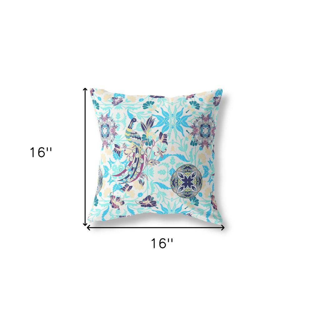 16" X 16" White And Blue Broadcloth Floral Throw Pillow. Picture 6