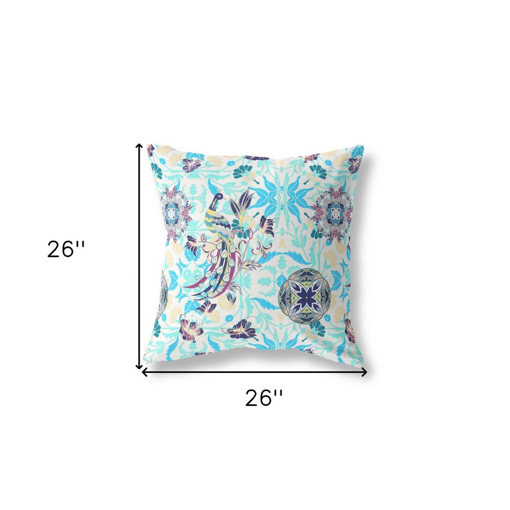 26" X 26" White And Blue Broadcloth Floral Throw Pillow. Picture 6