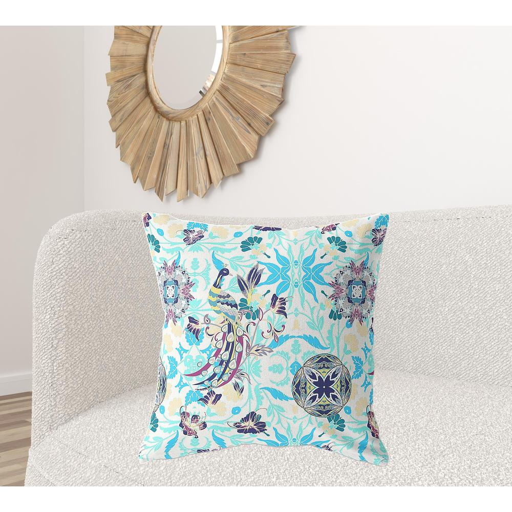 26" X 26" White And Blue Broadcloth Floral Throw Pillow. Picture 3