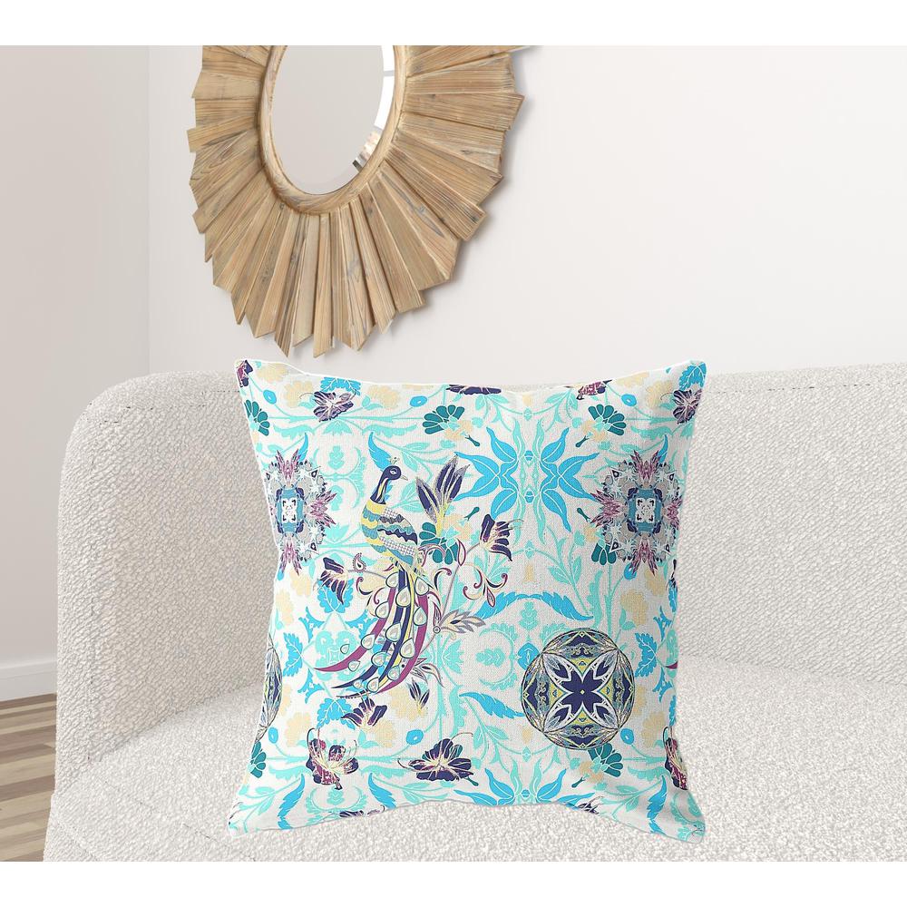28" X 28" White And Blue Broadcloth Floral Throw Pillow. Picture 3