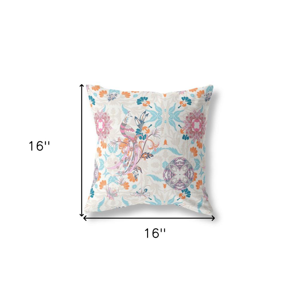 16" X 16" Off White And Sky Blue Broadcloth Floral Throw Pillow. Picture 6