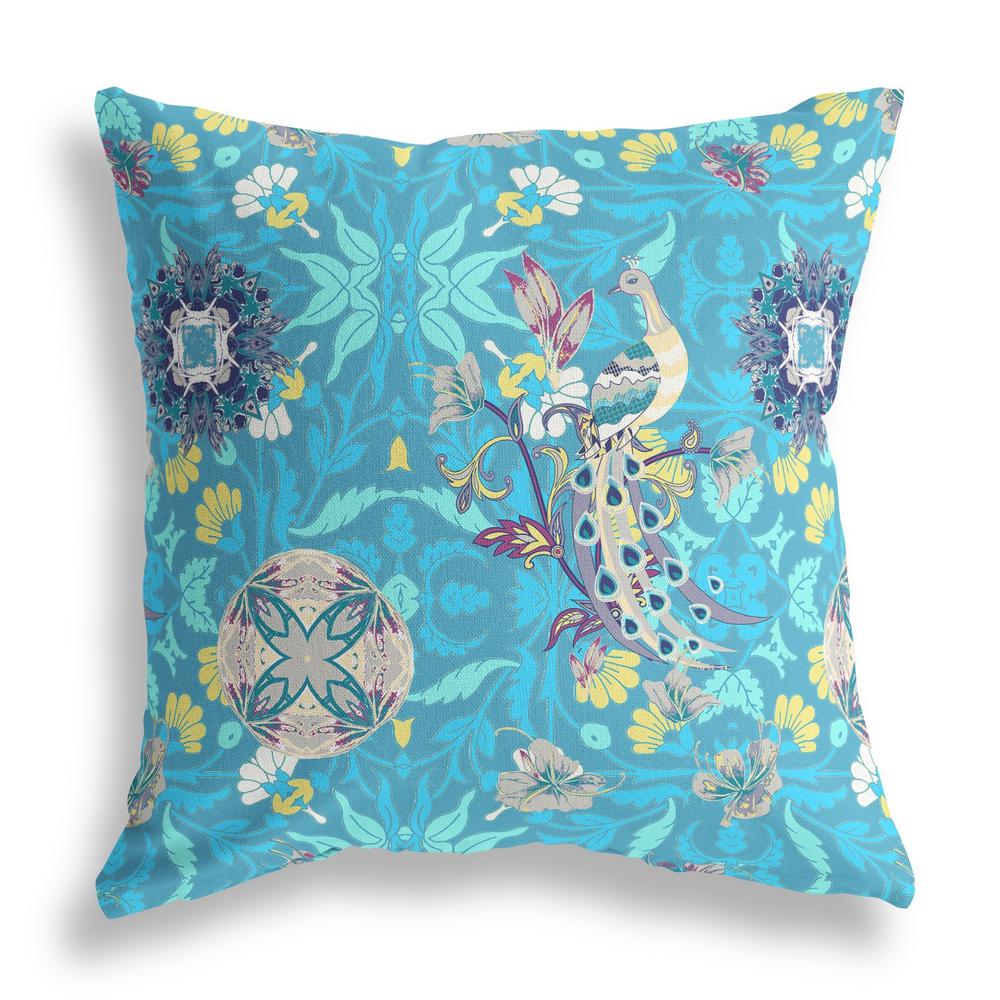 16" X 16" Blue And Turquoise Broadcloth Floral Throw Pillow. Picture 3