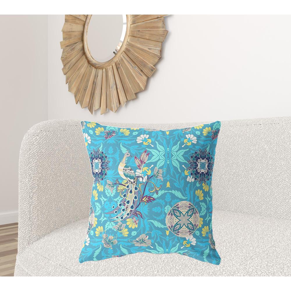26" X 26" Blue And Turquoise Broadcloth Floral Throw Pillow. Picture 4