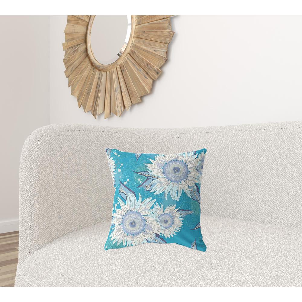 18" X 18" Blue Aqua And White Broadcloth Floral Throw Pillow. Picture 2