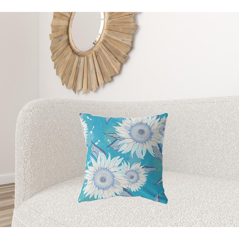 20" X 20" Blue Aqua And White Broadcloth Floral Throw Pillow. Picture 2