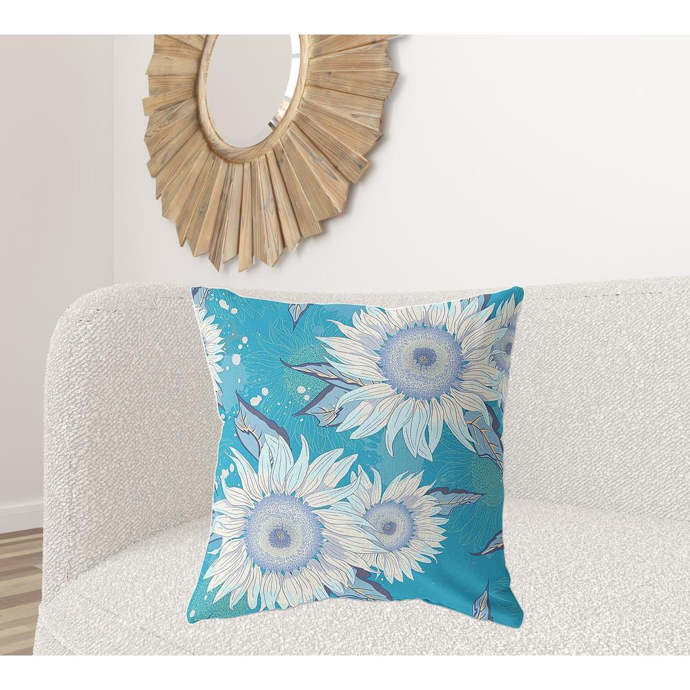 26" X 26" Blue Aqua And White Broadcloth Floral Throw Pillow. Picture 2