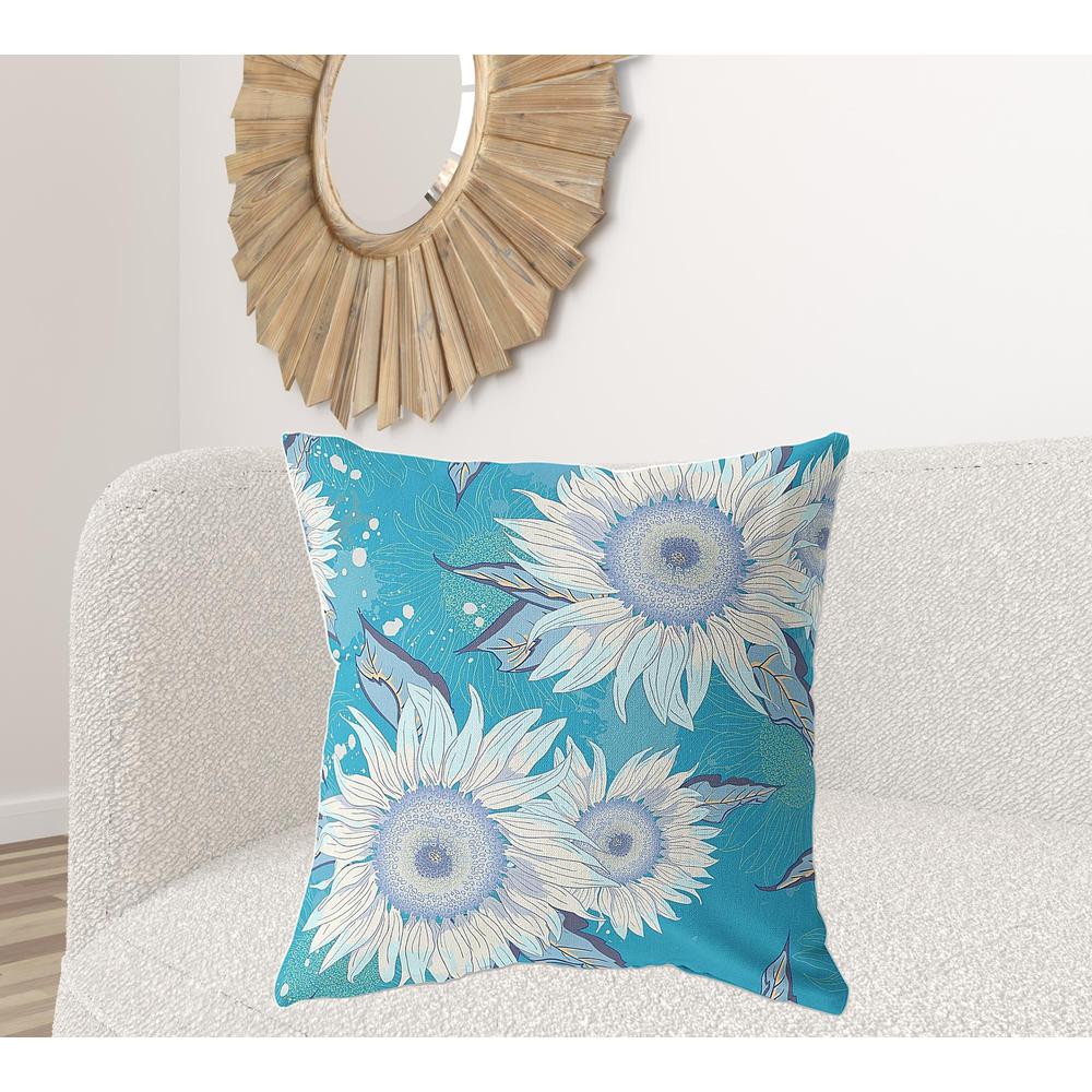 28" X 28" Blue Aqua And White Broadcloth Floral Throw Pillow. Picture 2