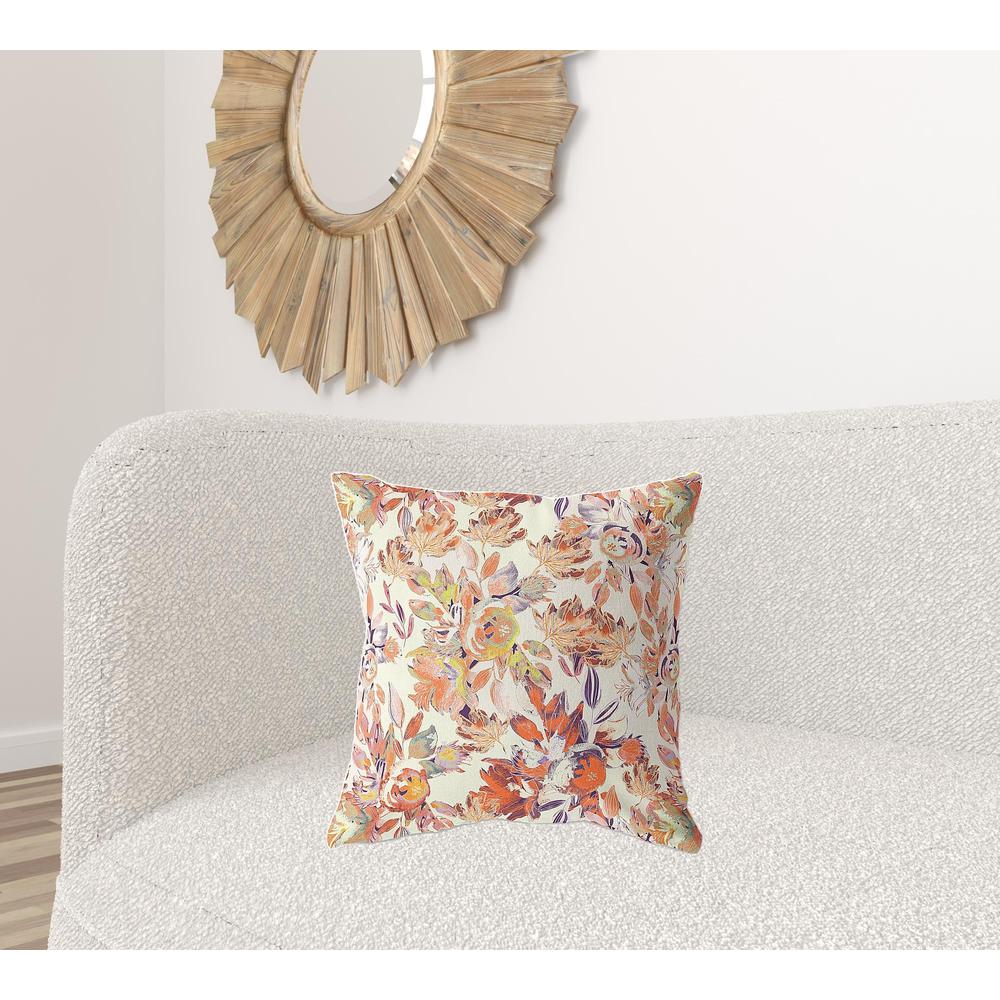 20" X 20" Red, Peach And Cream Broadcloth Floral Throw Pillow. Picture 2