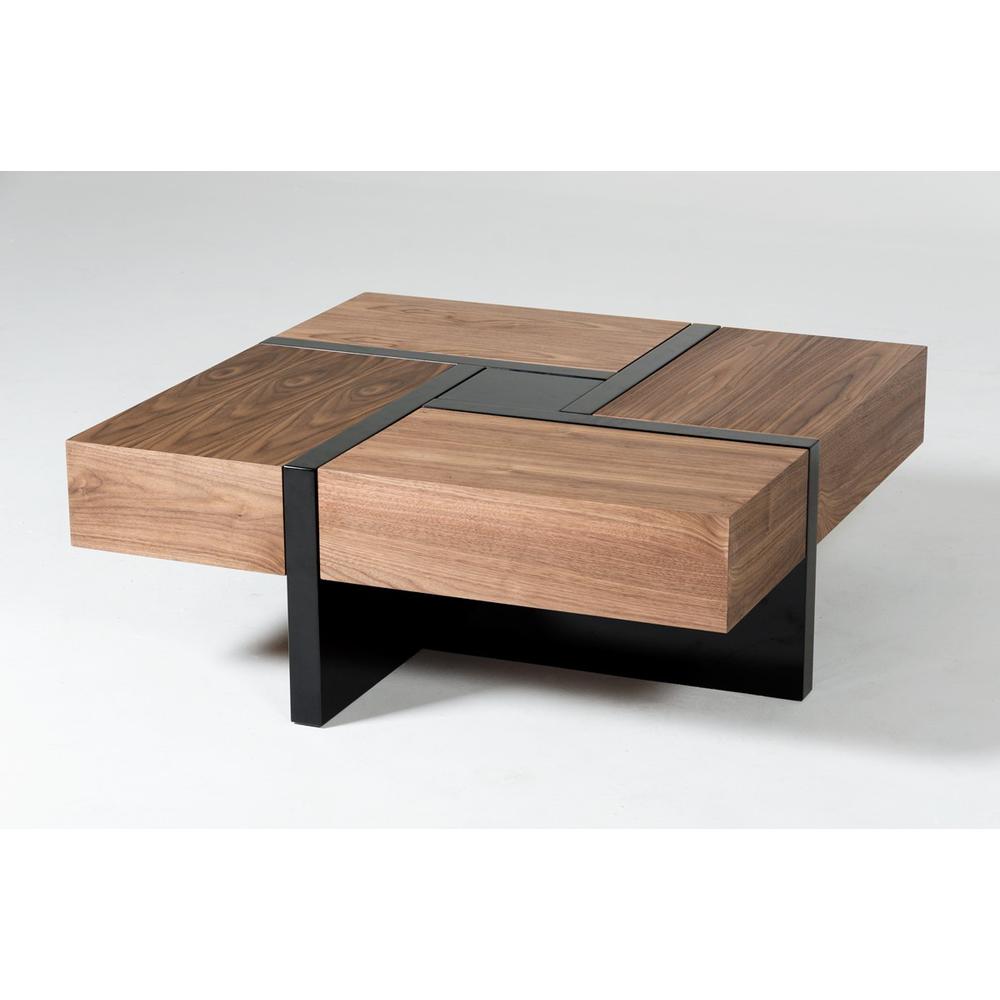 Modern Walnut and Black Square Coffee Table with Storage. Picture 1