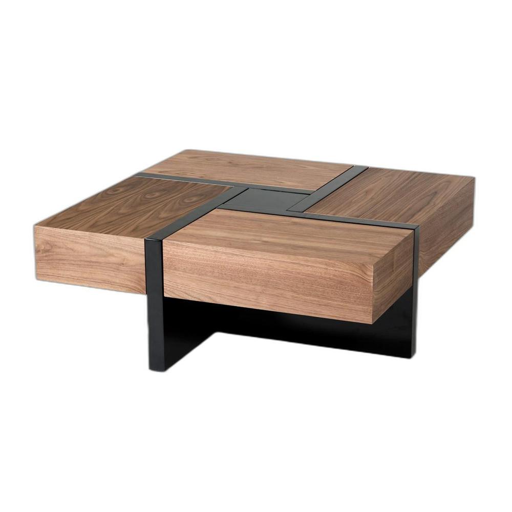 Modern Walnut and Black Square Coffee Table with Storage. Picture 4