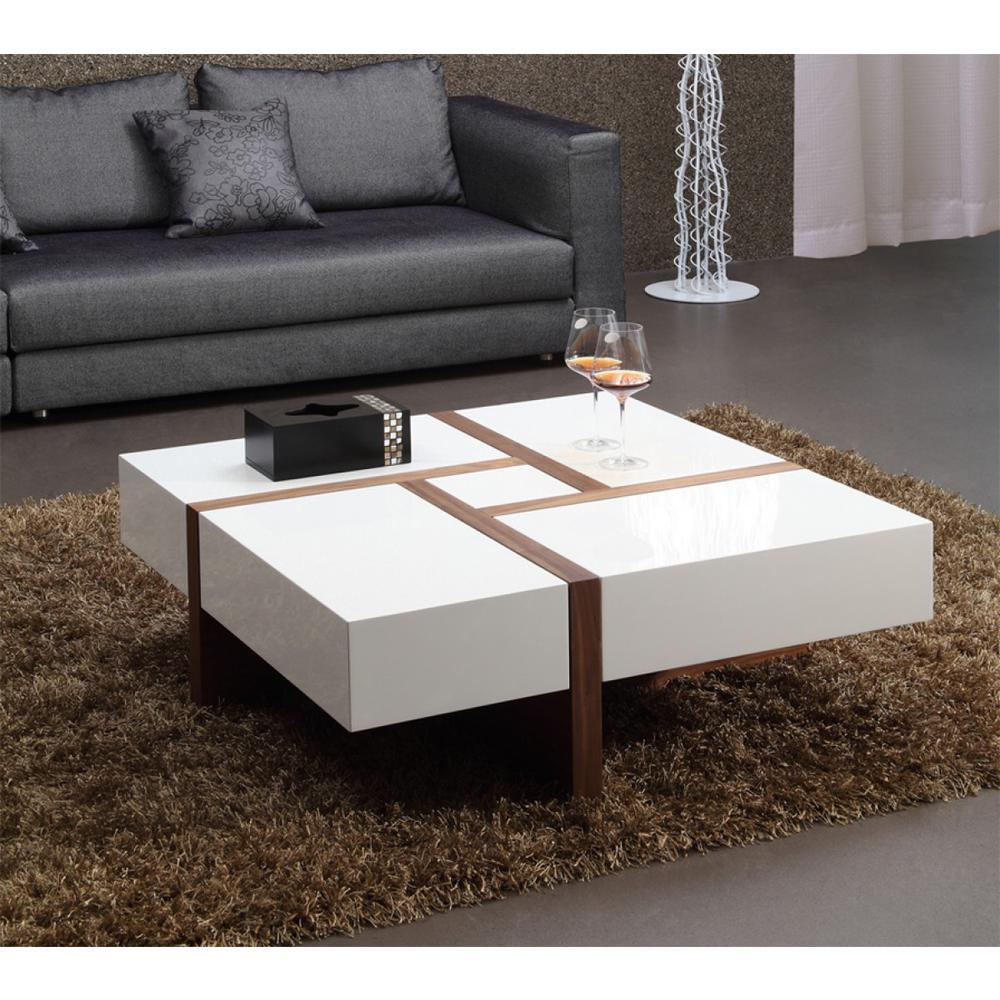 Modern White and Walnut Square Coffee Table with Storage. Picture 1