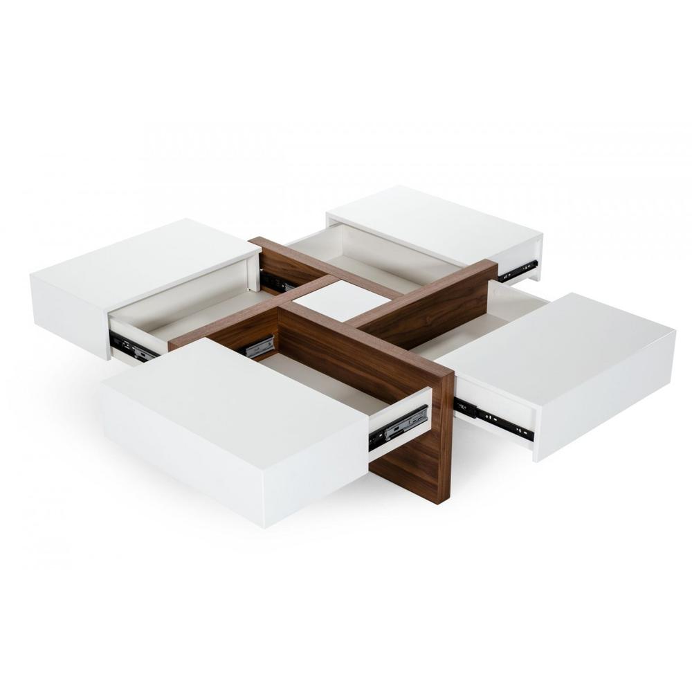 Modern White and Walnut Square Coffee Table with Storage. Picture 3
