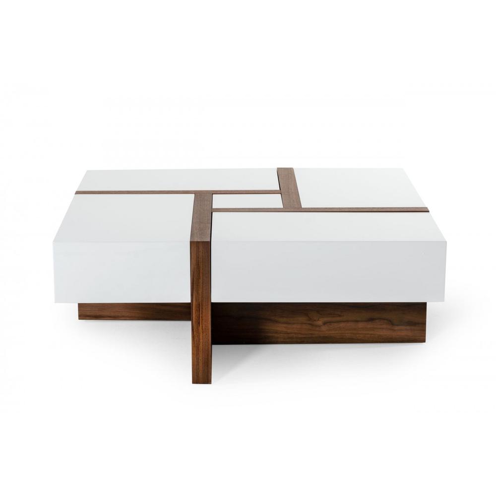 Modern White and Walnut Square Coffee Table with Storage. Picture 4