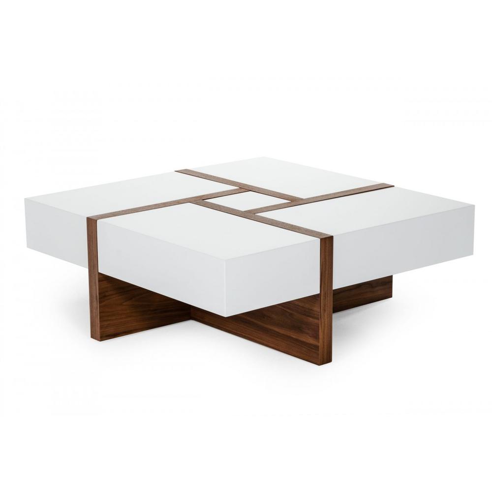 Modern White and Walnut Square Coffee Table with Storage. Picture 6