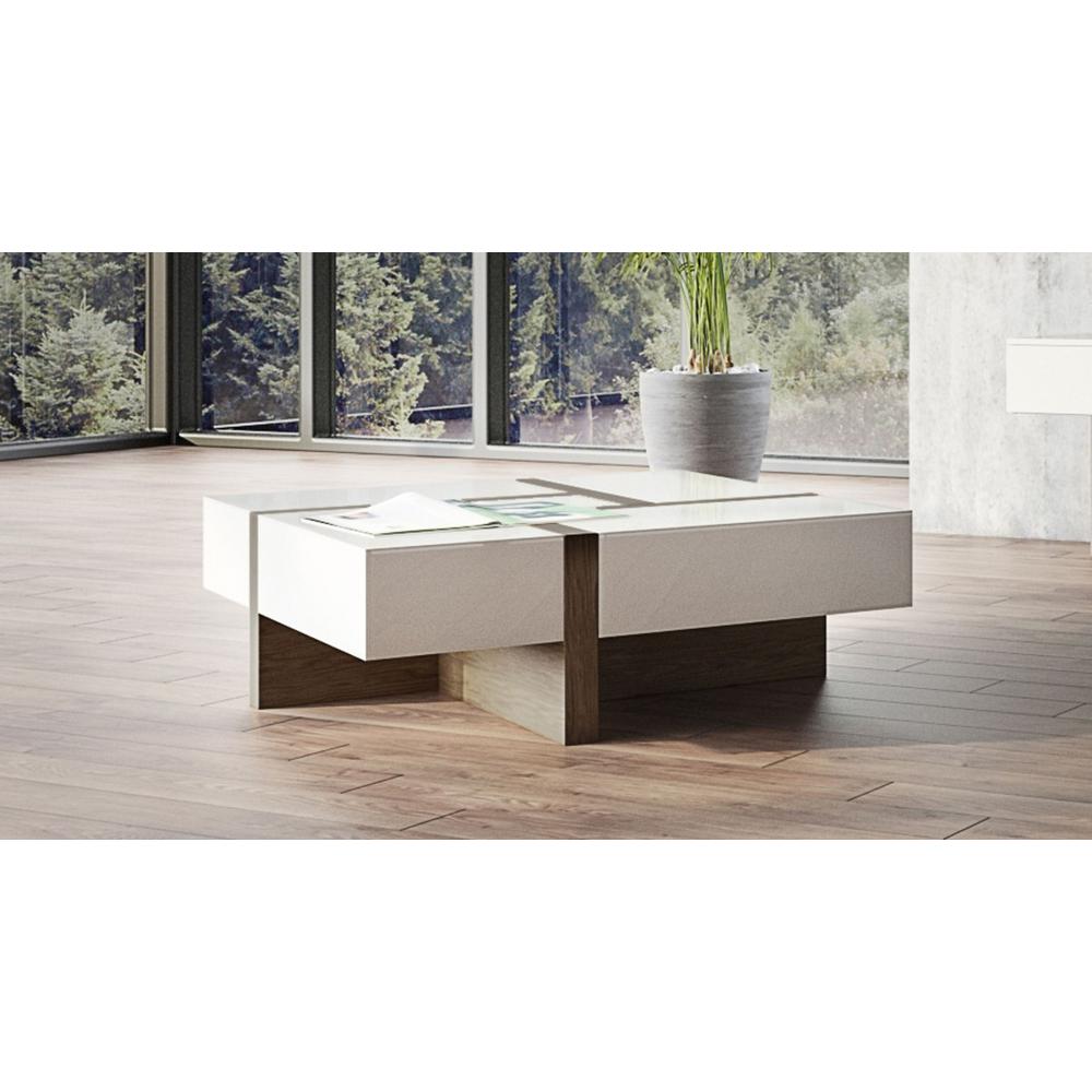 Modern White and Walnut Square Coffee Table with Storage. Picture 7