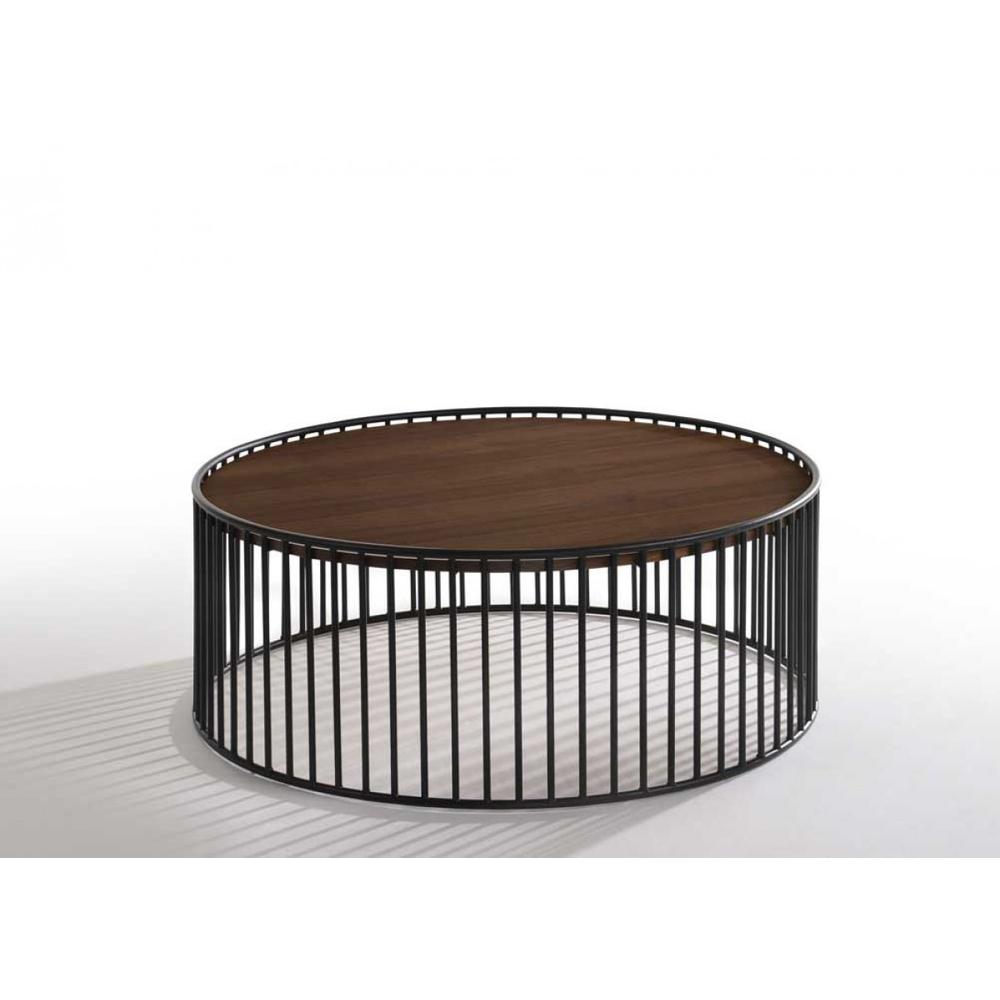 Modern Walnut and Black Metal Rods Round Coffee Table. Picture 1
