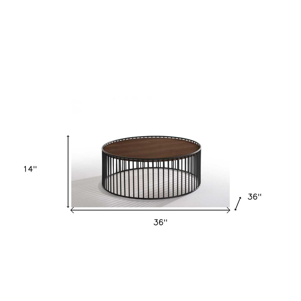 Modern Walnut and Black Metal Rods Round Coffee Table. Picture 7