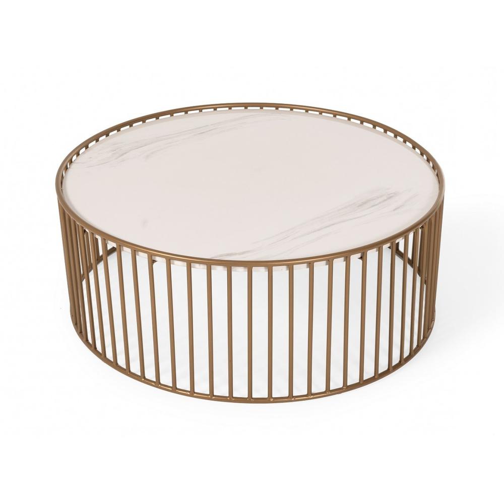 Modern Round White and Gold Faux Marble Coffee Table. Picture 3