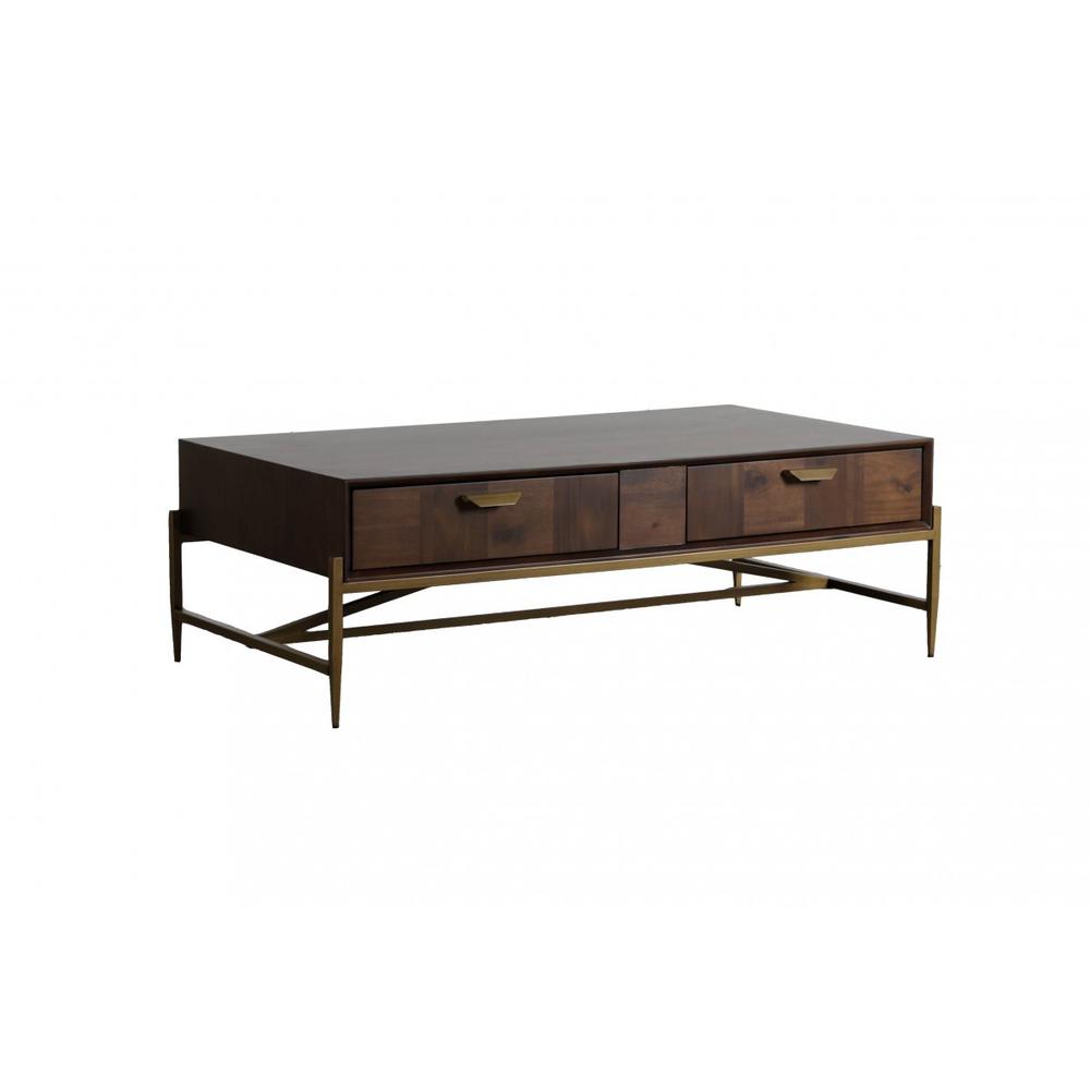 Modern Dark Mango Acacia and Brass Coffee Table. Picture 1