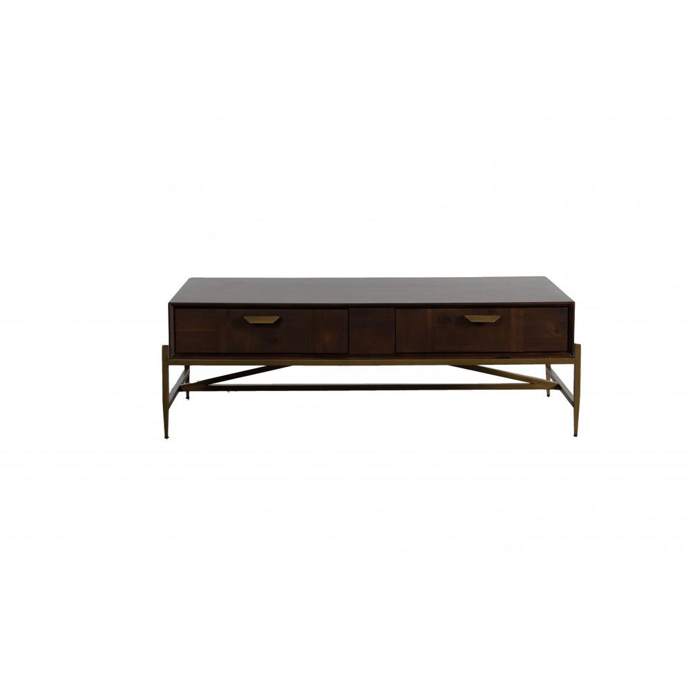 Modern Dark Mango Acacia and Brass Coffee Table. Picture 2