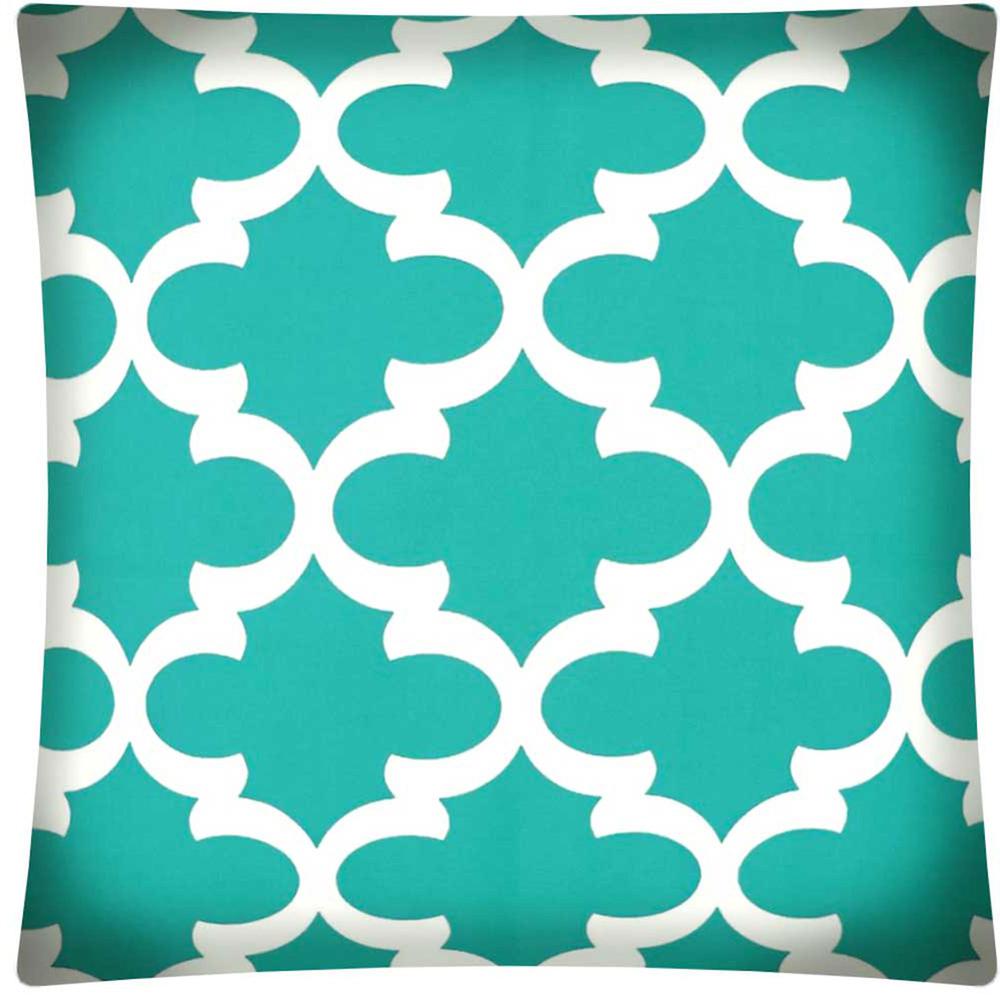 17" X 17" Aqua And White Zippered Polyester Quatrefoil Throw Pillow Cover. Picture 1