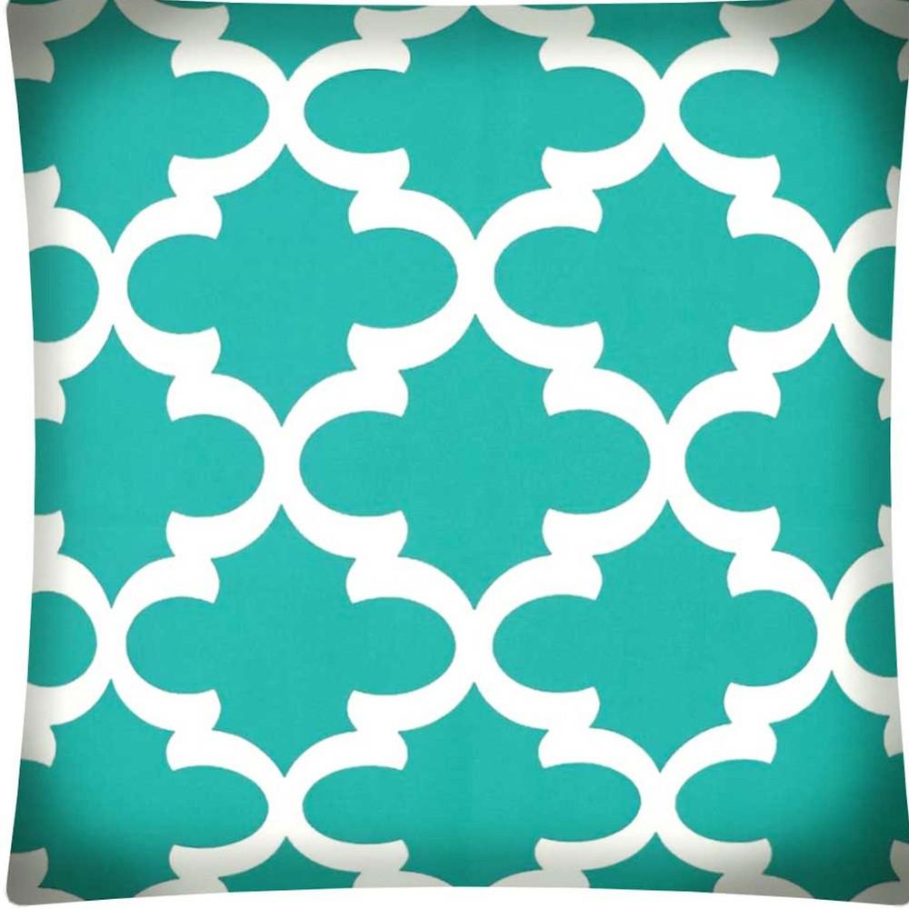 17" X 17" Aqua And White Zippered Polyester Quatrefoil Throw Pillow Cover. Picture 6