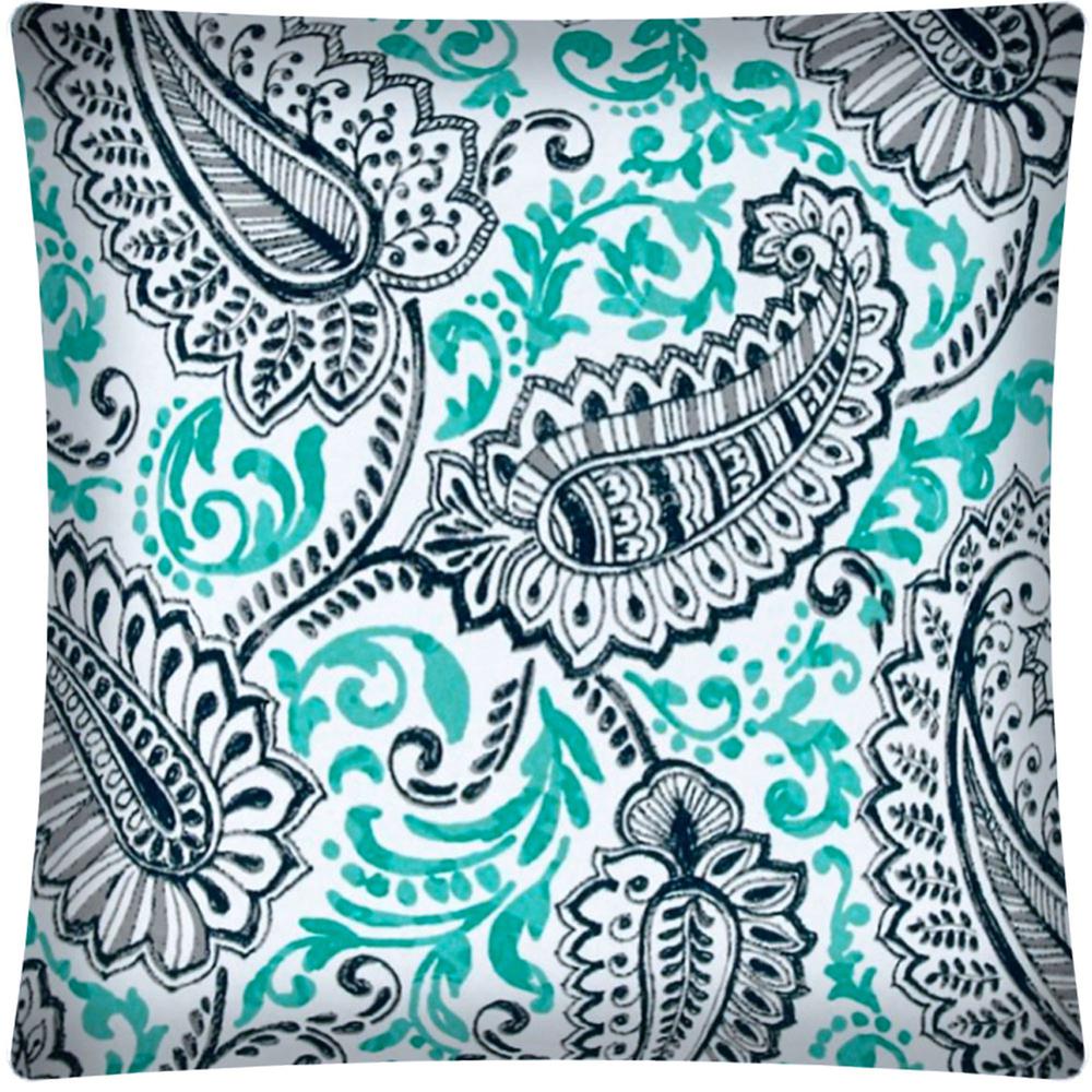 17" X 17" Navy Turquoise, White Zippered Polyester Paisley Throw Pillow Cover. Picture 1