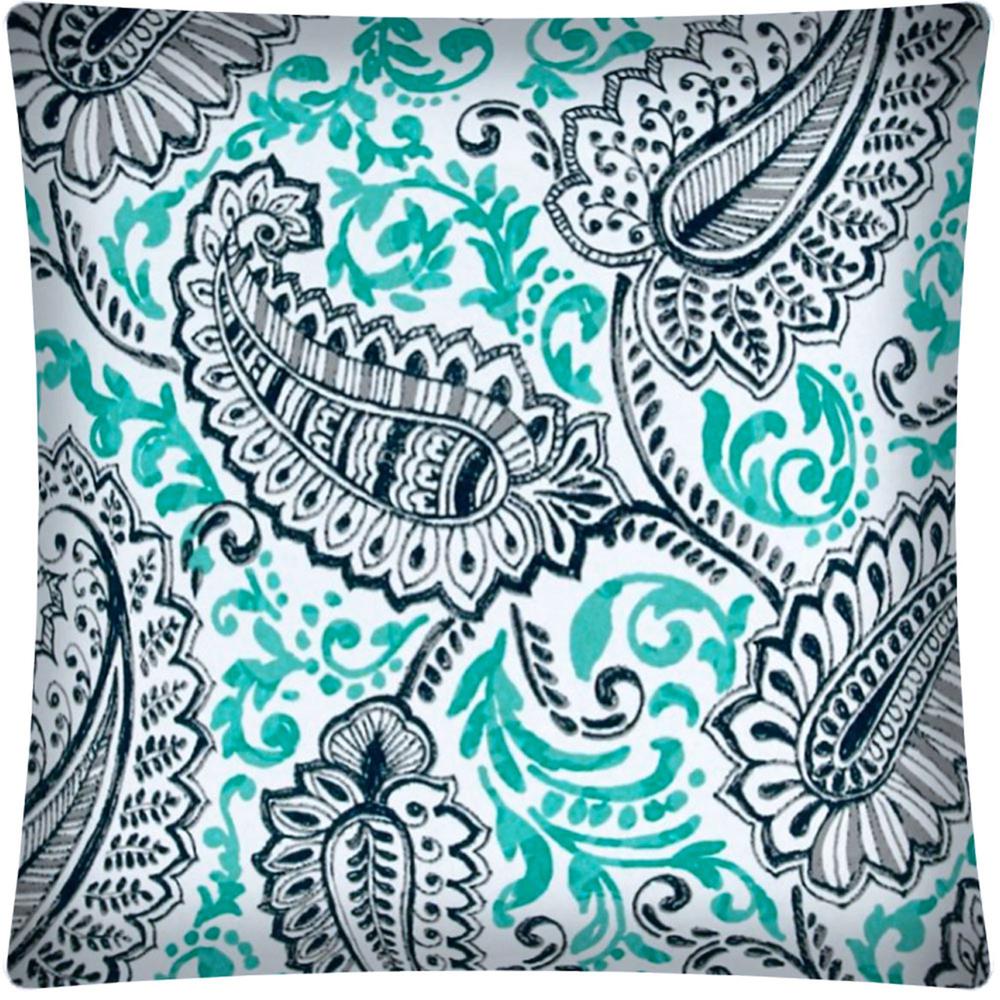 17" X 17" Navy Turquoise, White Zippered Polyester Paisley Throw Pillow Cover. Picture 2