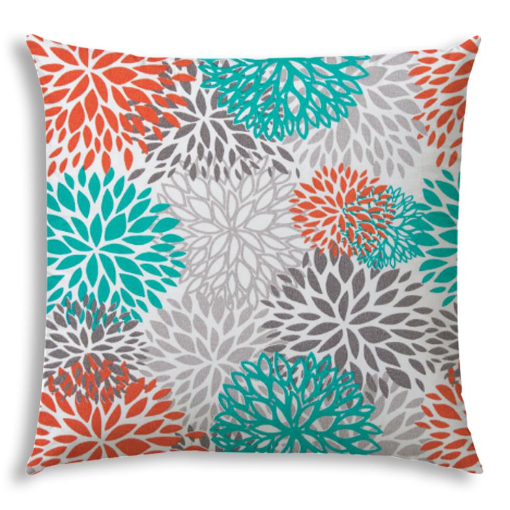 20" X 20" Orange Teal And White Zippered Polyester Floral Throw Pillow Cover. Picture 2