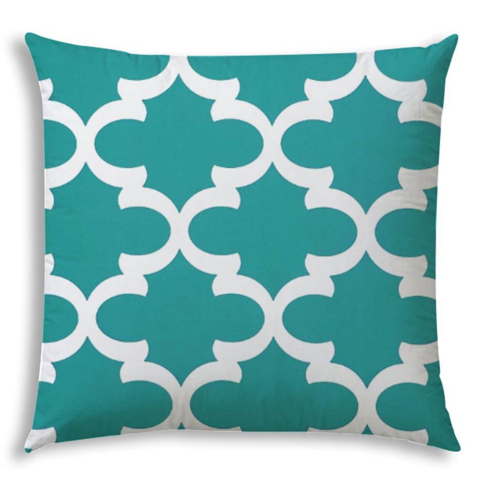 20" X 20" Turquoise And White Zippered Polyester Quatrefoil Throw Pillow Cover. Picture 2