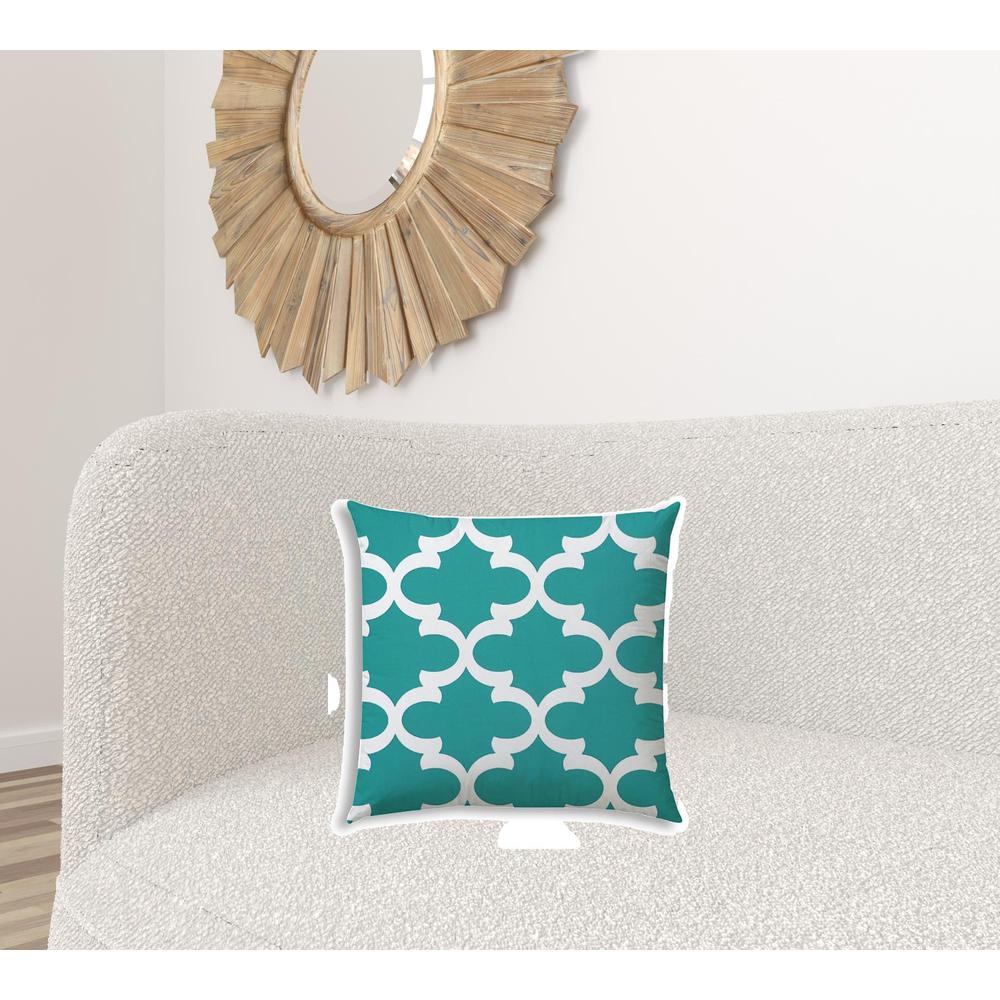 20" X 20" Turquoise And White Zippered Polyester Quatrefoil Throw Pillow Cover. Picture 3