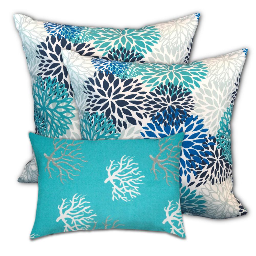 Ocean Blue, White Zippered Floral Throw Indoor Outdoor Pillow Cover. Picture 1