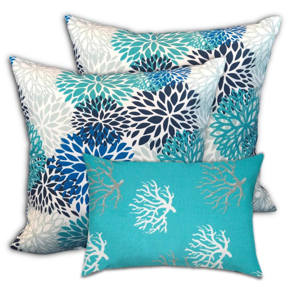Ocean Blue, White Zippered Floral Throw Indoor Outdoor Pillow Cover. Picture 3